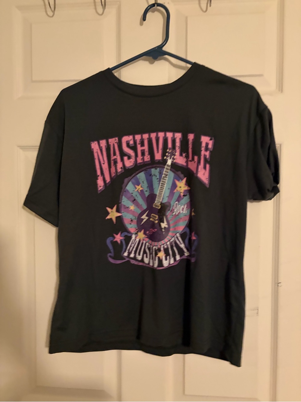 SHEIN Black Nashville Graphic Tee with Pink & Purple Accents